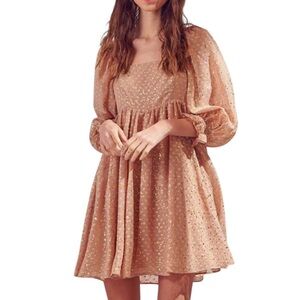 EVOLUTIONARY APPAREL Gold Flaked Baby Doll Dress Size L Rose Gold Puff Sleeve